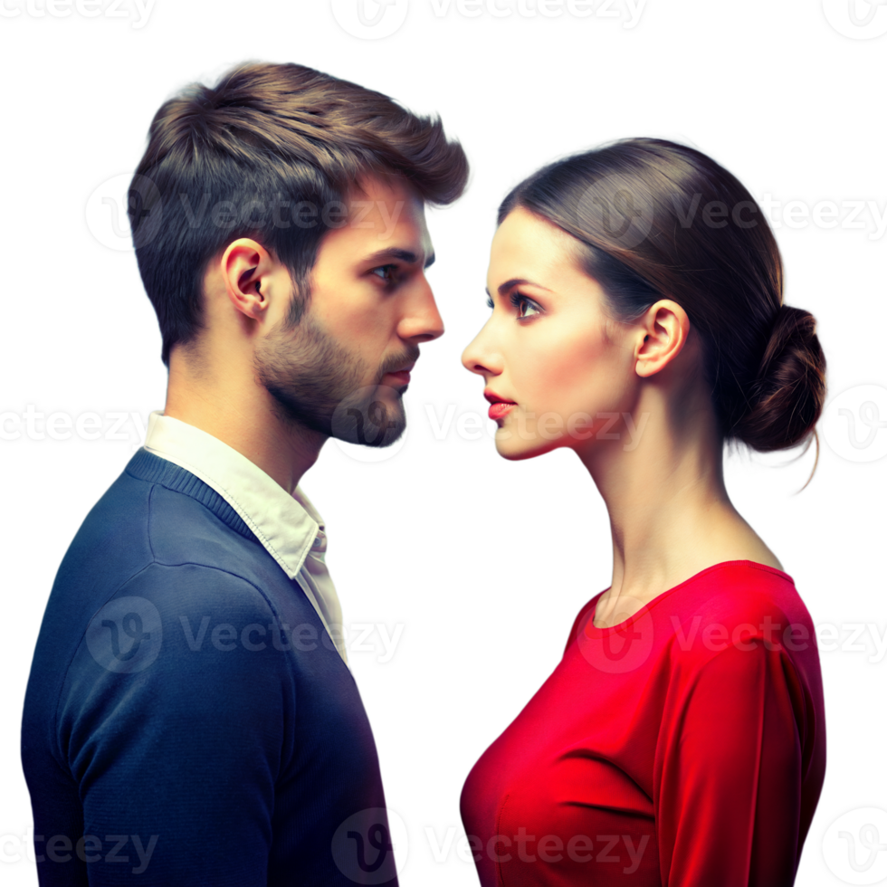 Intense Staredown Between Man and Woman in Contrasting Outfits png