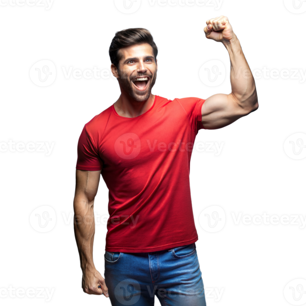 Happy Man in Red Shirt Flexing His Arm in Triumph png