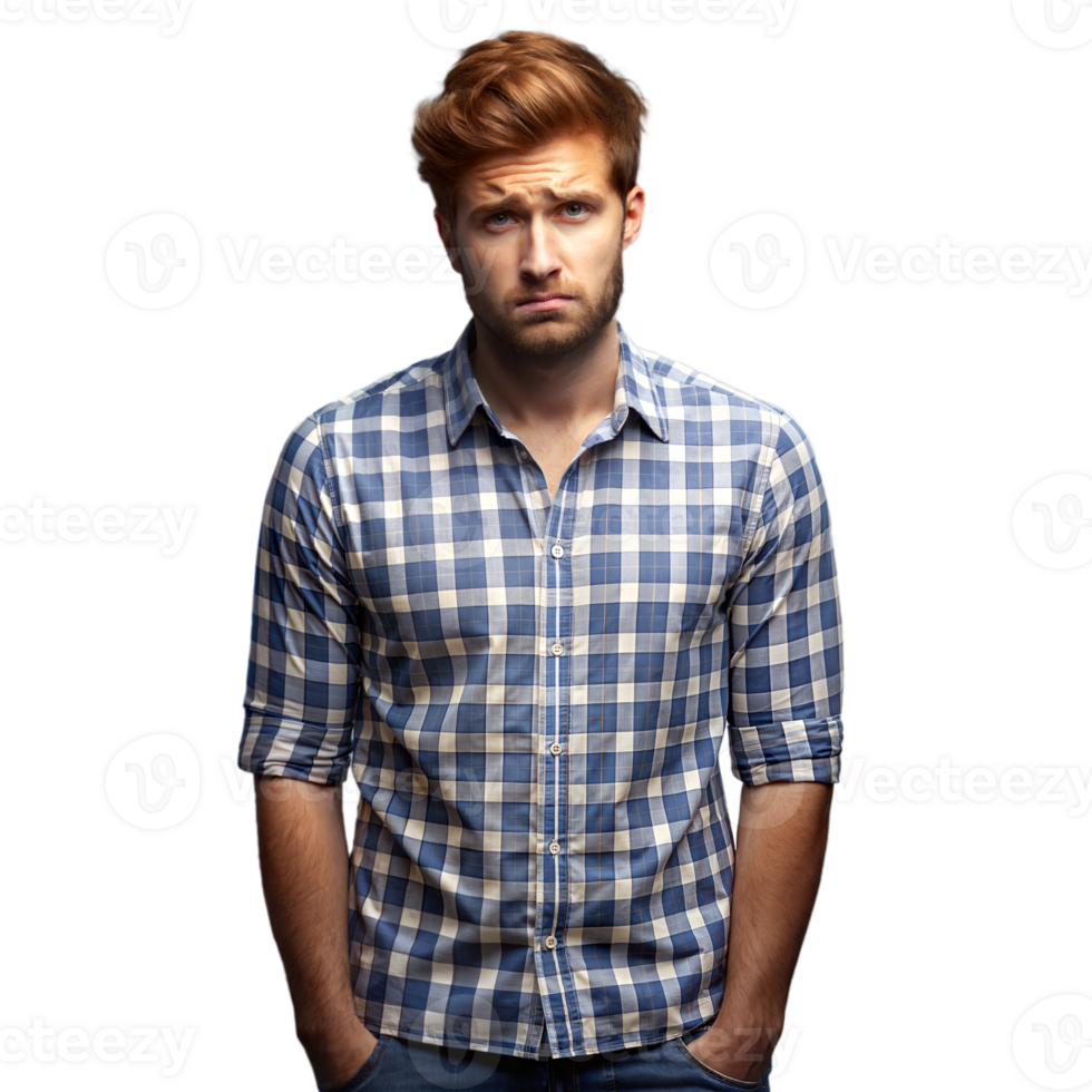 Young Man in Plaid Shirt Posing Against Transparent Background png