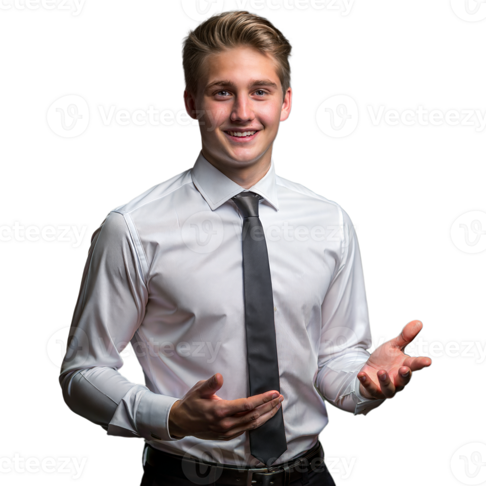 Professional Young Man in Formal Attire Gesturing Confidently png