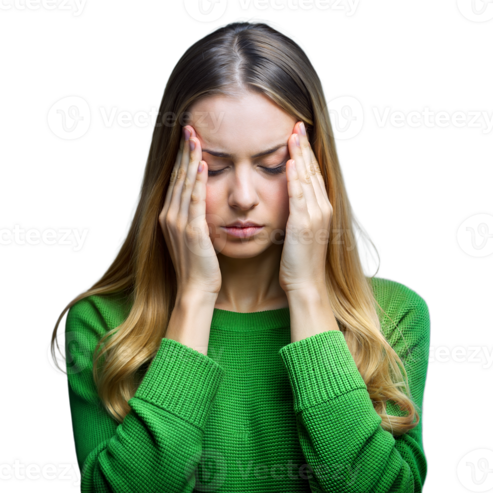 Young Woman in Green Sweater Holding Her Head in a Pensive Mood png
