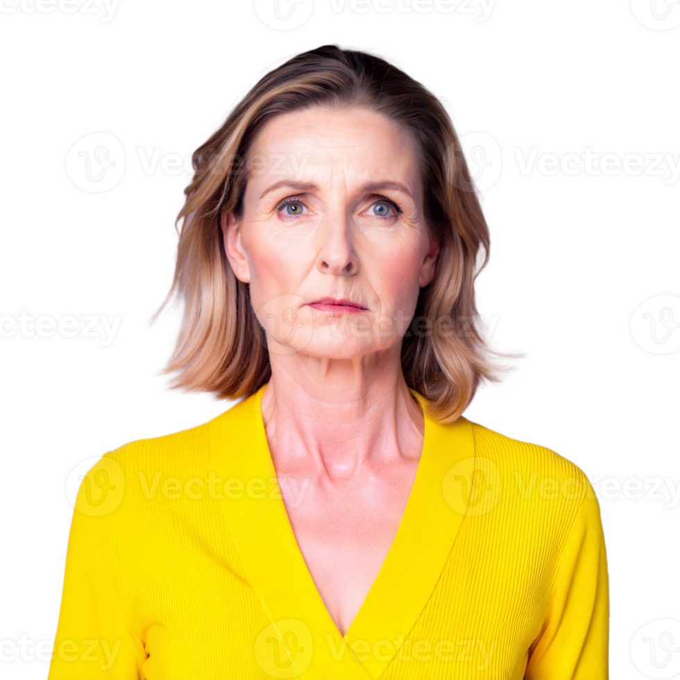 Middle-Aged Woman in Yellow Sweater Posing Against Transparent Background png