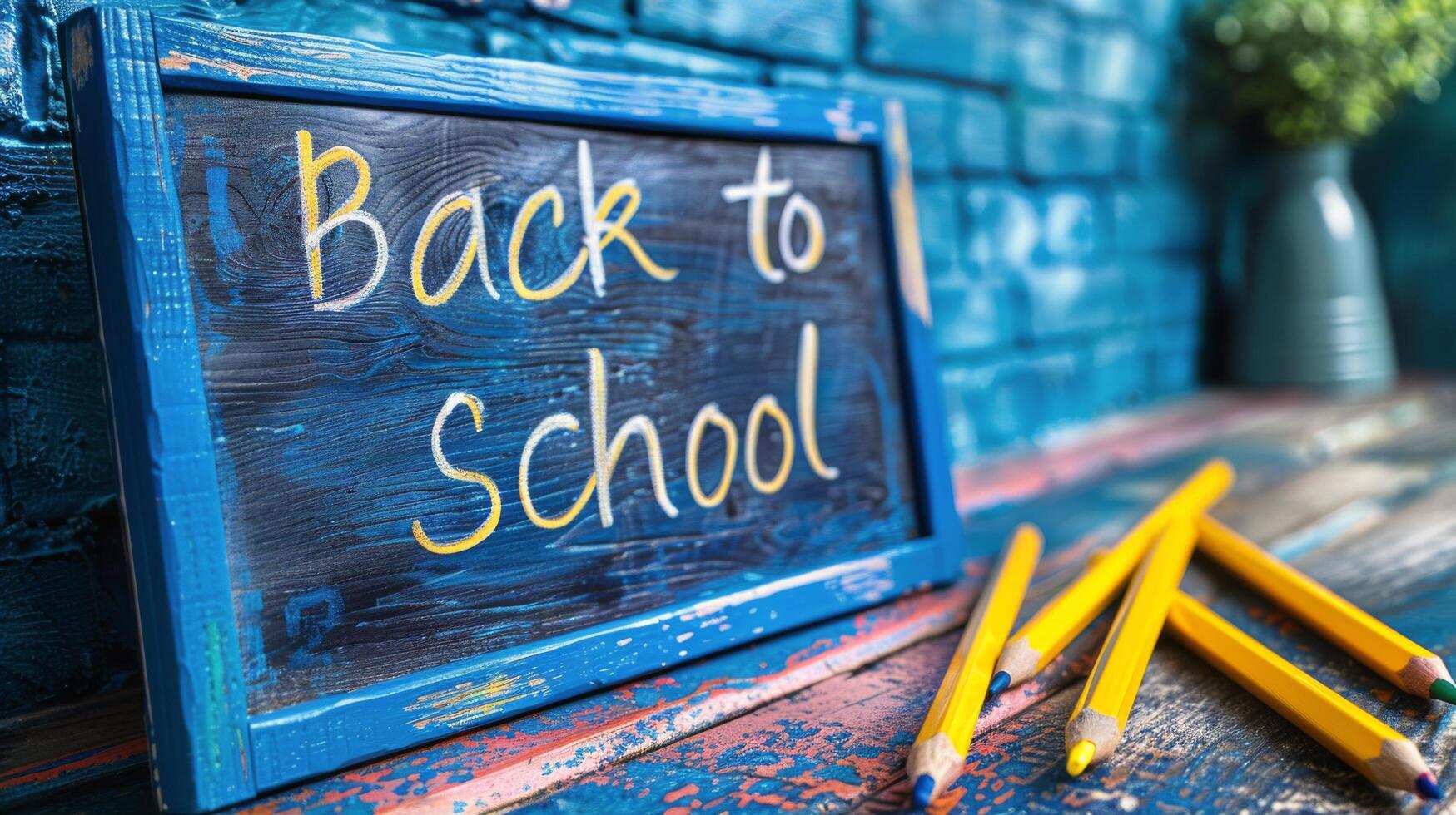 Blue Wooden Back To School Sign With Pencils and Fall Decor photo