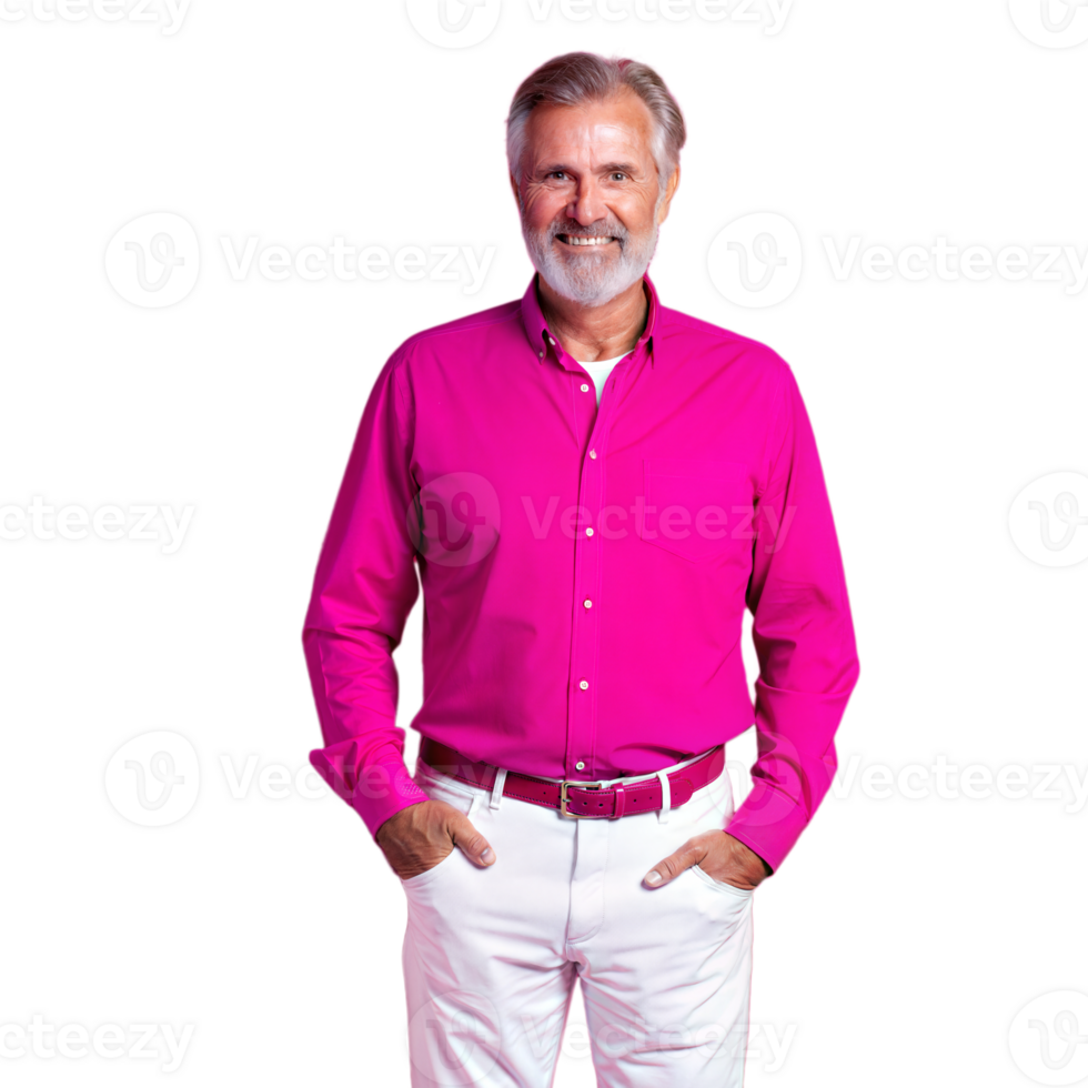 Smiling Elderly Man in Pink Shirt With Hands in Pockets png