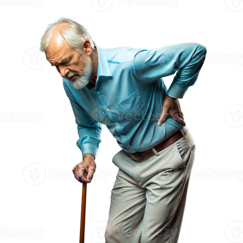 Elderly Man With Cane Suffering Back Pain Indoors During Daytime png