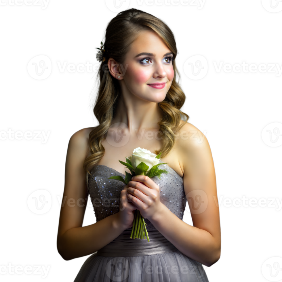Woman In Gray Dress Holds White Rose Bouquet png