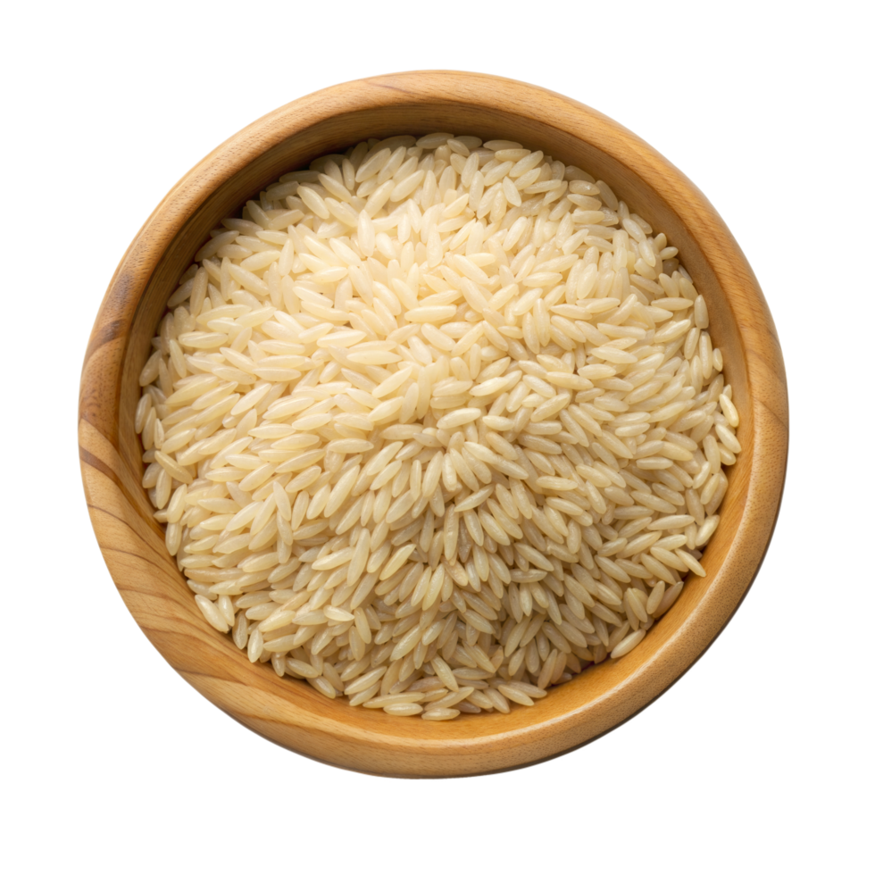 Uncooked Brown Rice in Wooden Bowl From Above png