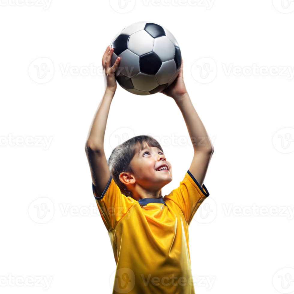 Young Boy in Yellow Soccer Jersey Holding Ball Overhead png