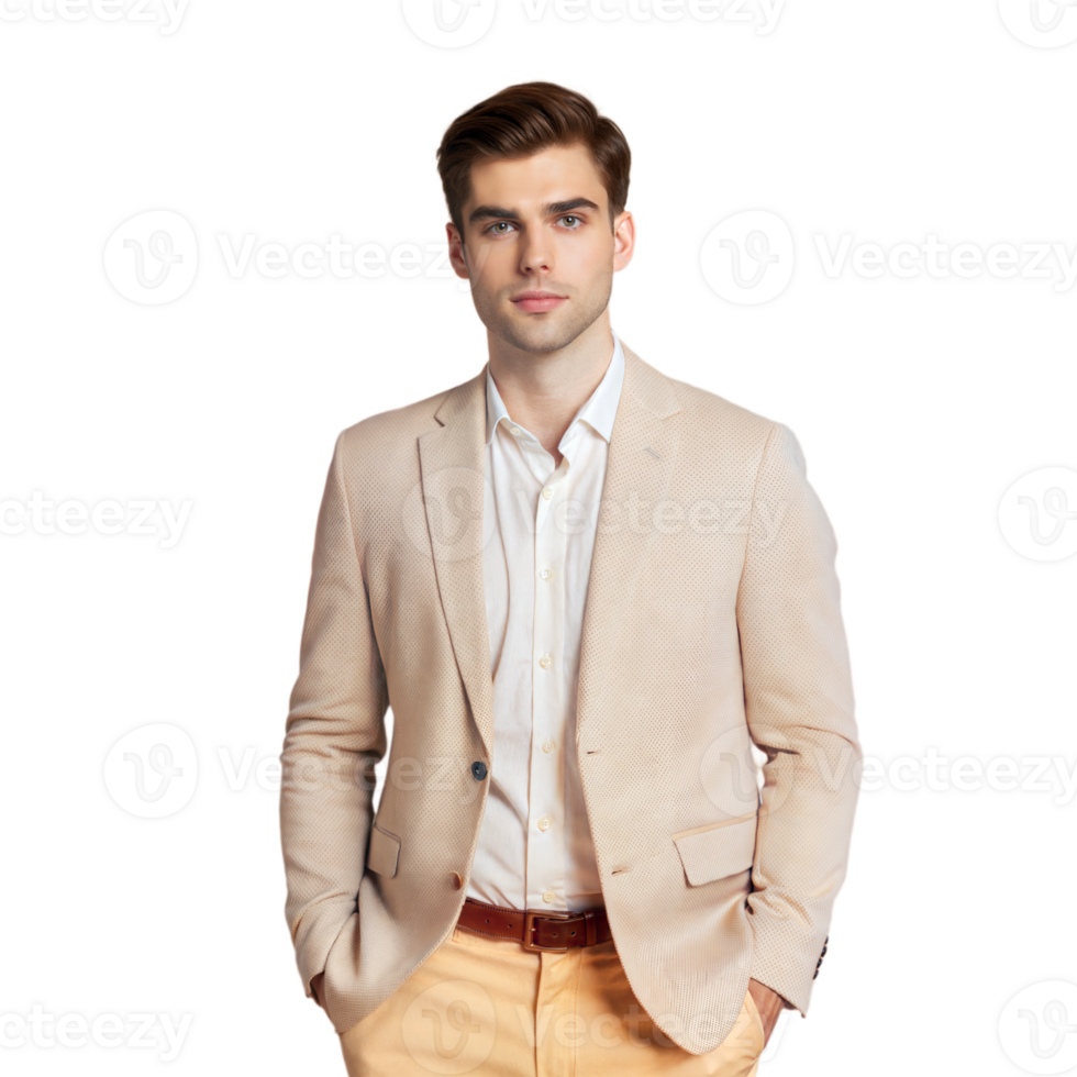Man Wearing a Light Beige Blazer and Khaki Pants With Hands in Pockets png