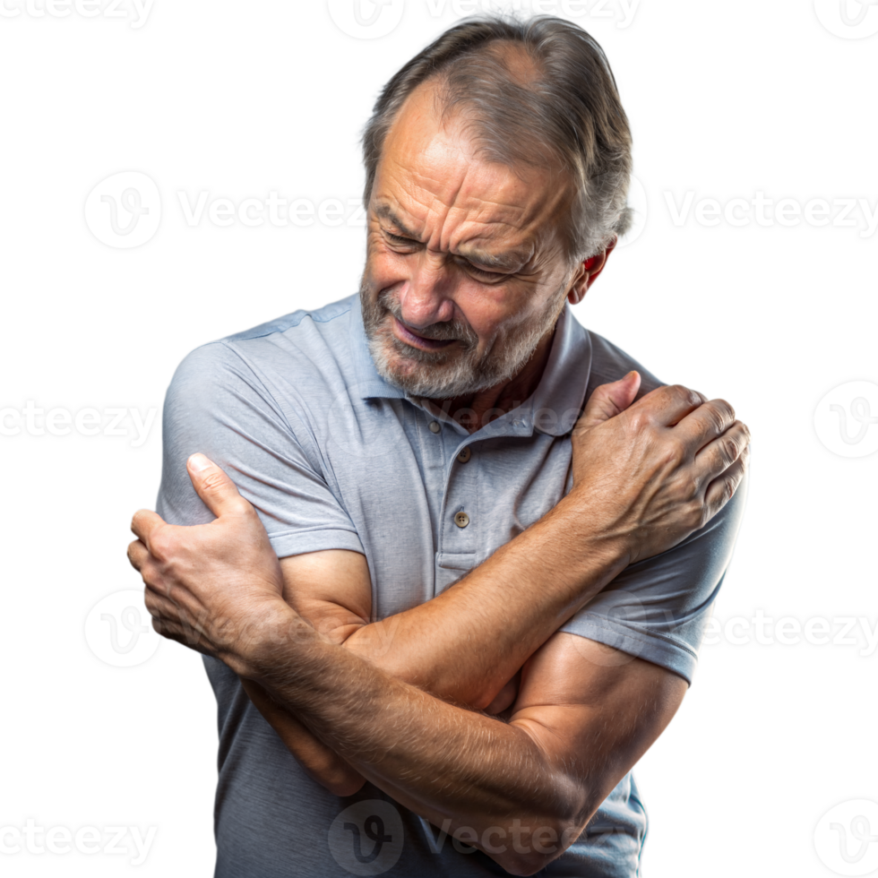 Elderly Man in Gray Shirt Experiencing Shoulder Pain png