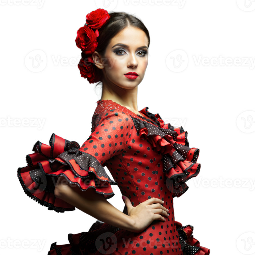 Elegant Flamenco Dancer in Traditional Red Polka Dot Dress Posing Gracefully Near Transparent Background png