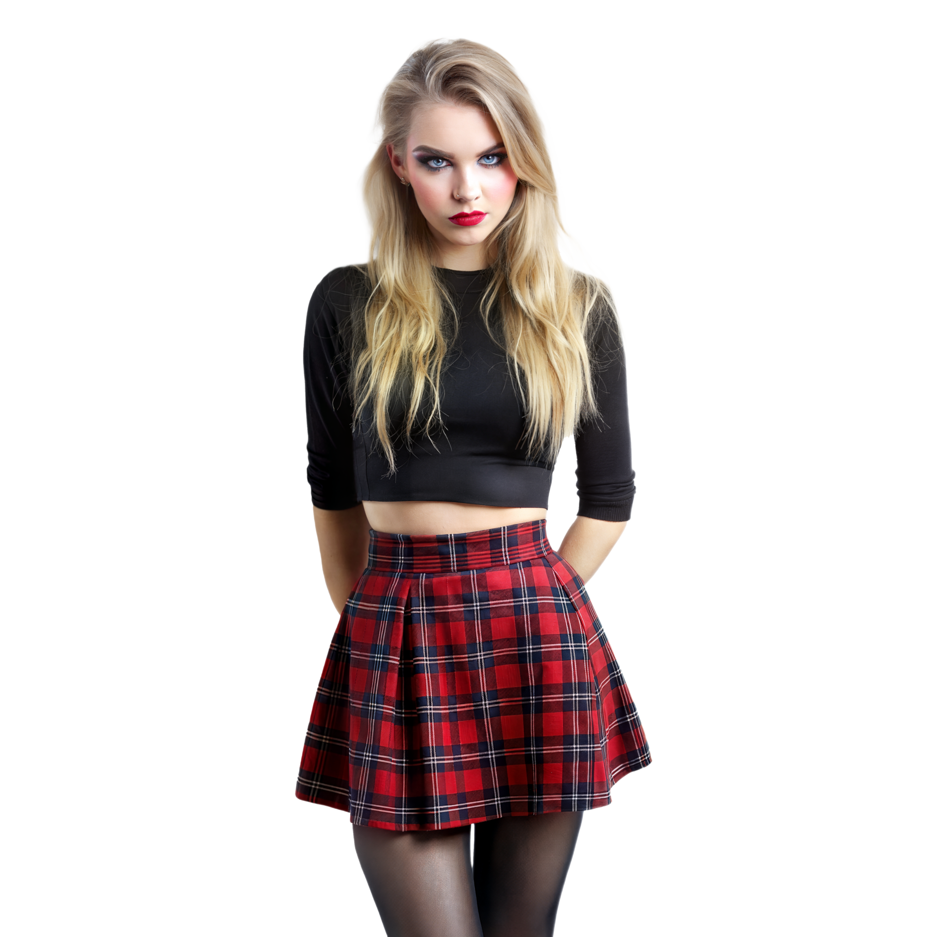Young Woman In Black Crop Top And Red Plaid Skirt Standing Posing 45943954 Png