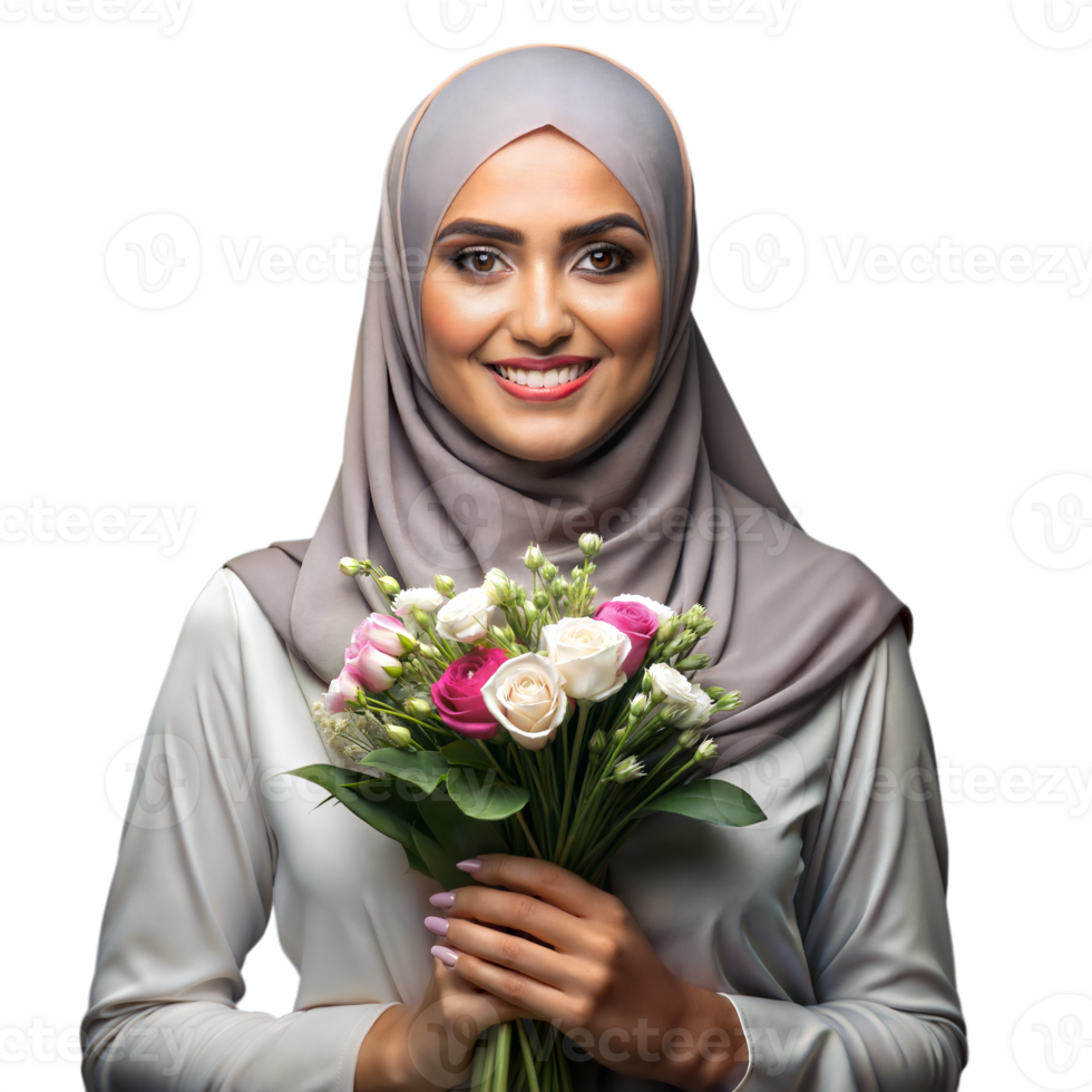Smiling Woman Holding Bouquet of Flowers in Studio With Transparent Background png