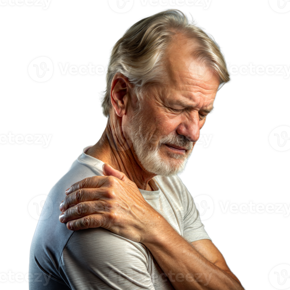 Elderly Man Experiencing Shoulder Pain in White T-Shirt With Transparent Background png