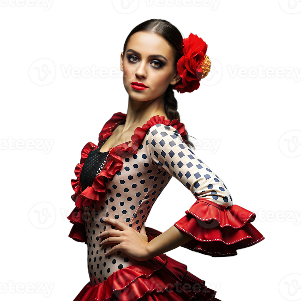 Elegant Flamenco Dancer With Red Flower in Hair, Transparent Background, Evening png