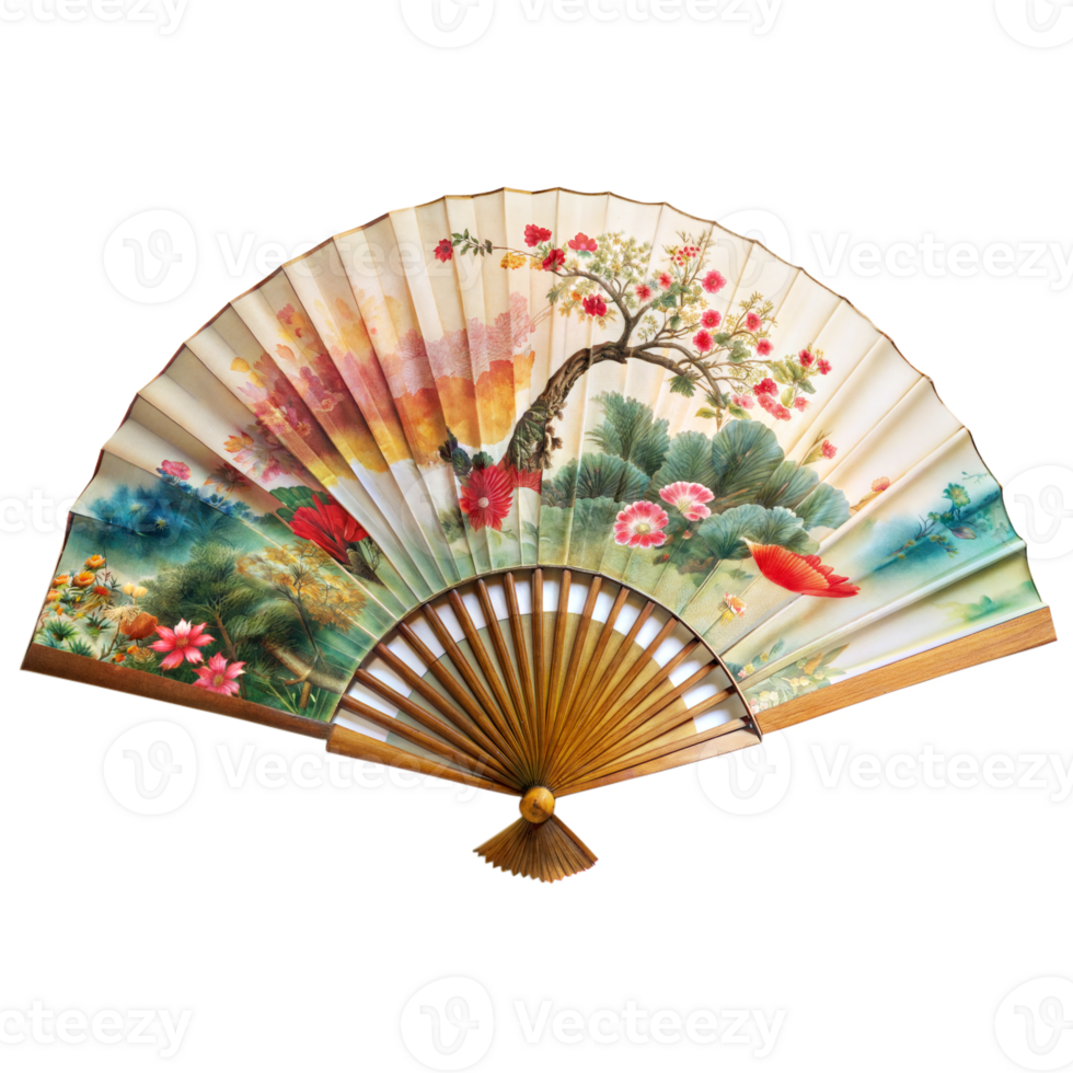 Traditional Chinese Hand Fan With Floral and Landscape Design png