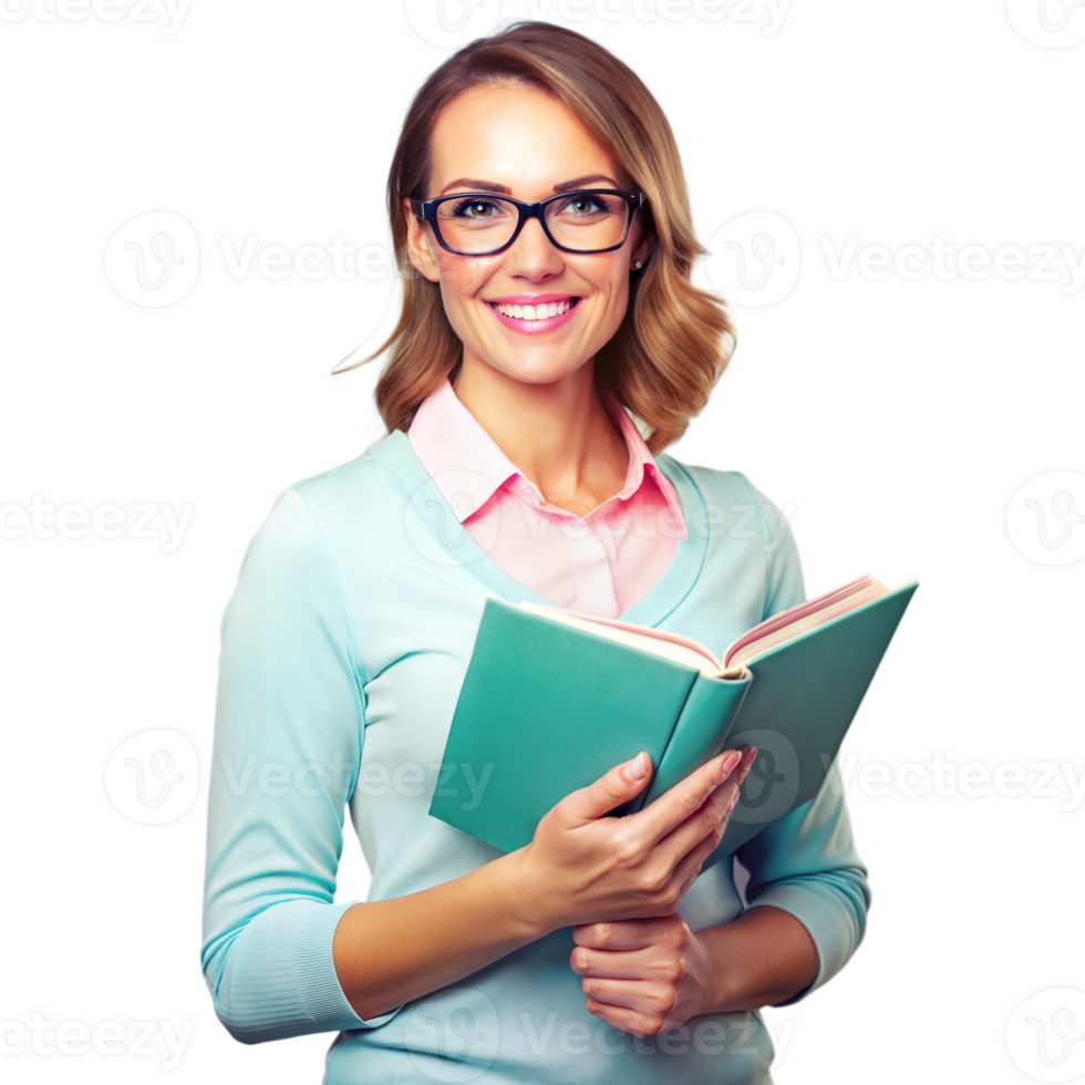 Smiling Woman Holding a Book With Transparent Background png
