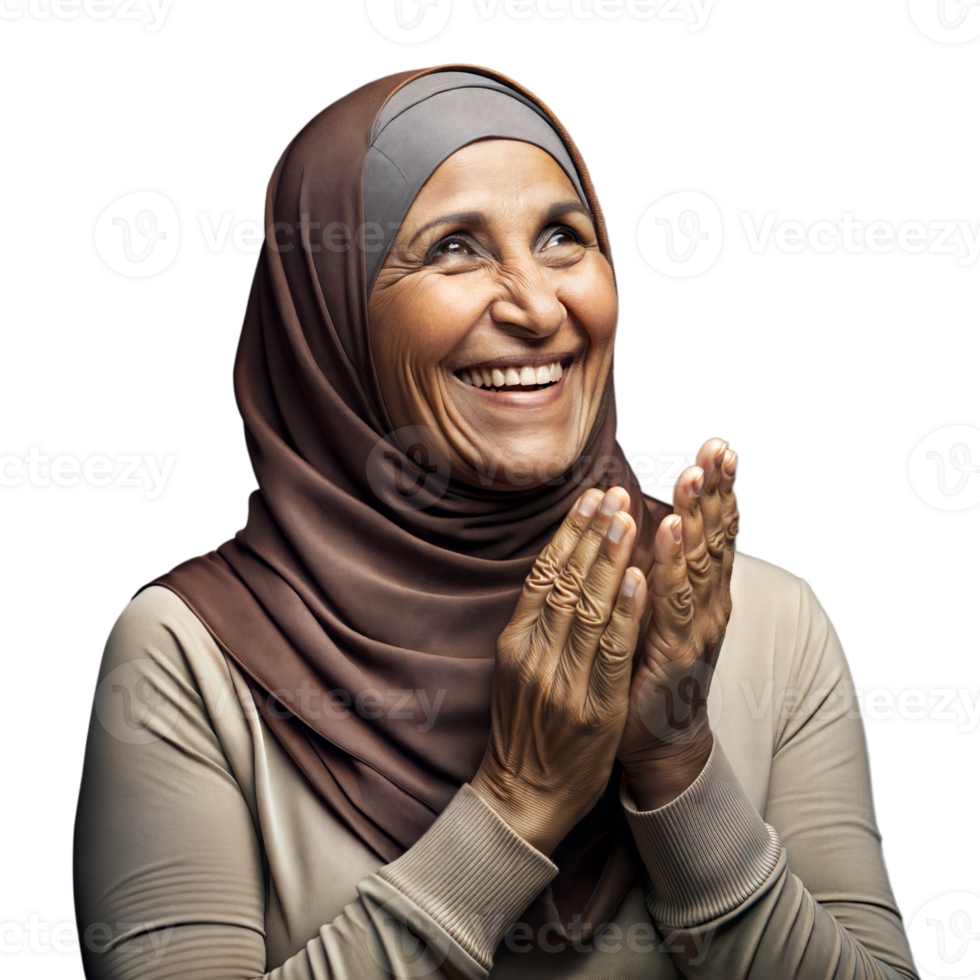 Elderly Woman in Hijab Smiling and Clapping Hands Isolated on Transparent Background png