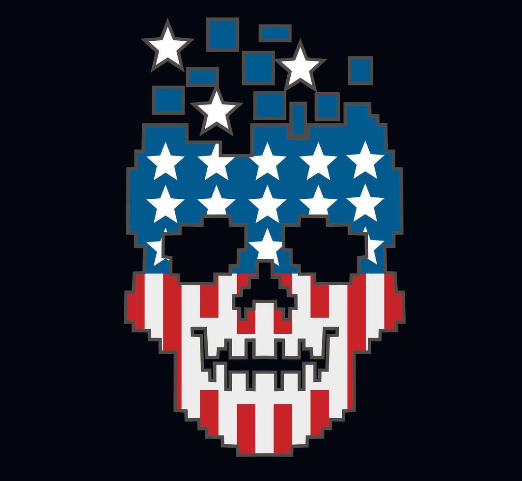 pixel skull with american flag vector