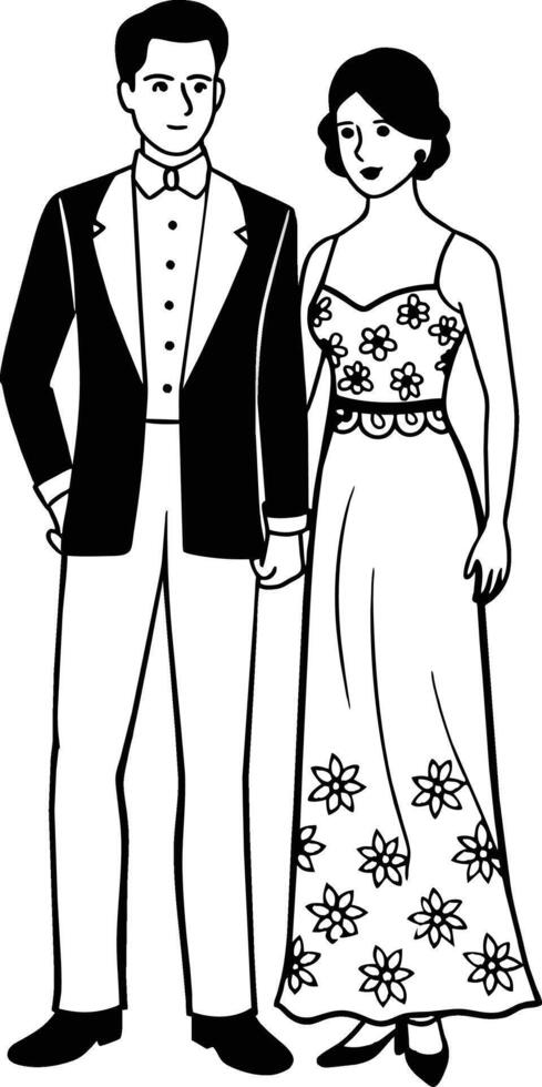 A couple attending a high-society event in elegant white attire white floral design. vector