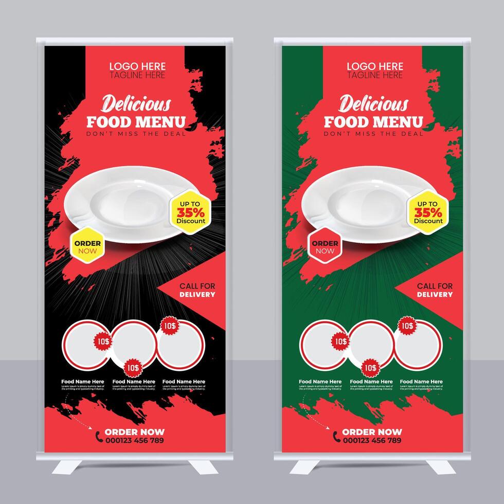 Food menu and restaurant Modern food roll up banner template design with abstract background, logo and social media icon. Pizza, burger, healthy food sale web banner, rack card or flyer vector