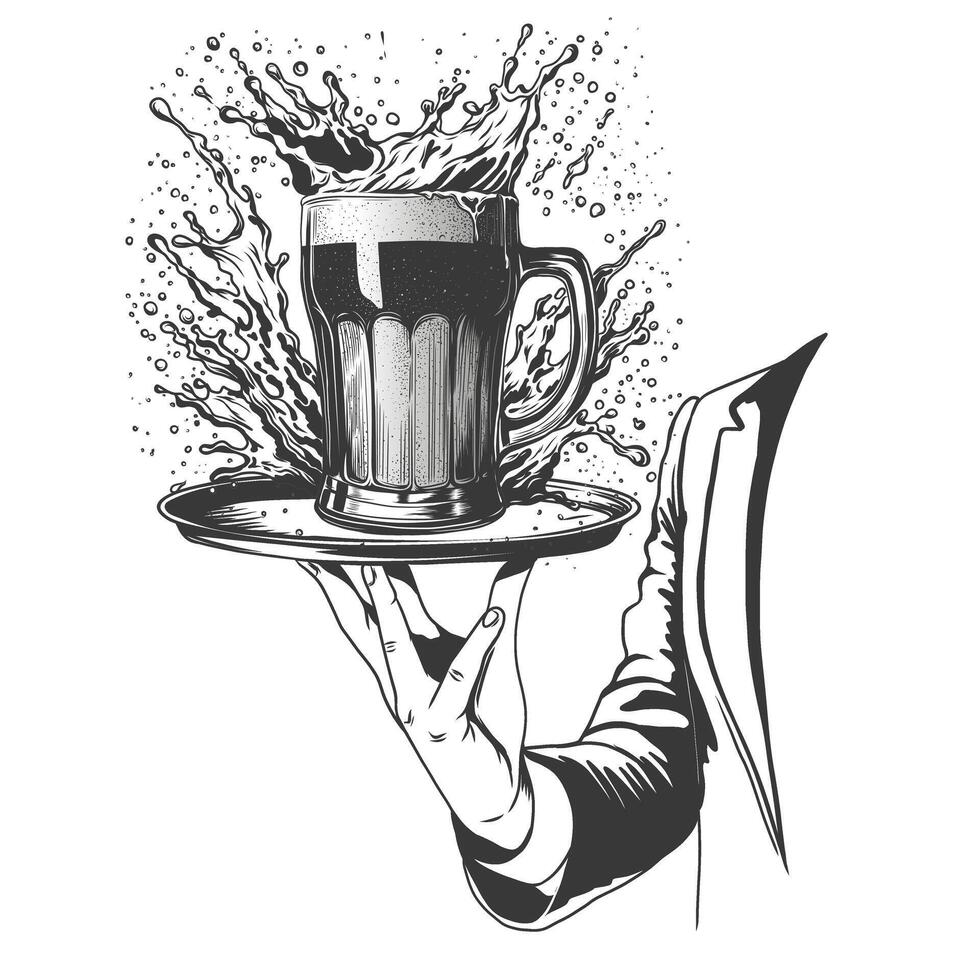 waiter or barman holding serving tray with glass of beer. restaurant worker carrying alcohol drink. Engraving imitation. Monochrome ink and pen sketch. vector