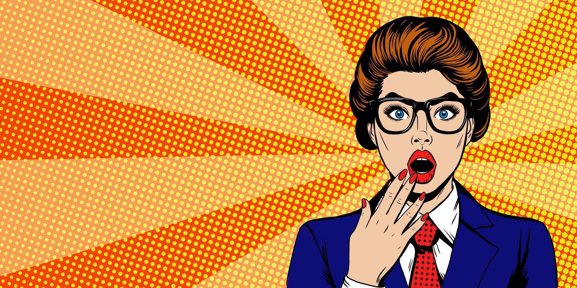 Pop art girl with OMG looking wow covered mouth. Surprised woman with open mouth on yellow vintage background with dots. Wow face emotion. banner template with copy space for text vector