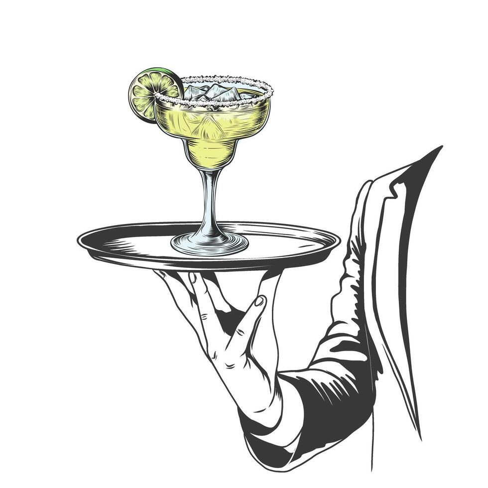 Waiter holding glass of cocktail margarita with salt and slice of lemon. Hand drawn Vintage engraving imitation for label, poster, invitation to party. Isolated on white background. vector