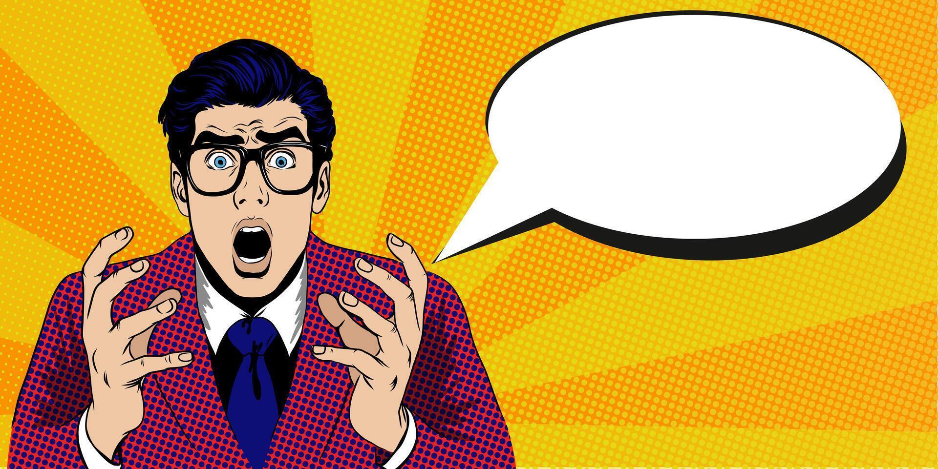 Shocked young man with wide open eyes and open mouth. surprised Businessman in suit with speech bubble. illustration in retro pop art comic style. Template banner with Copy space for text. vector