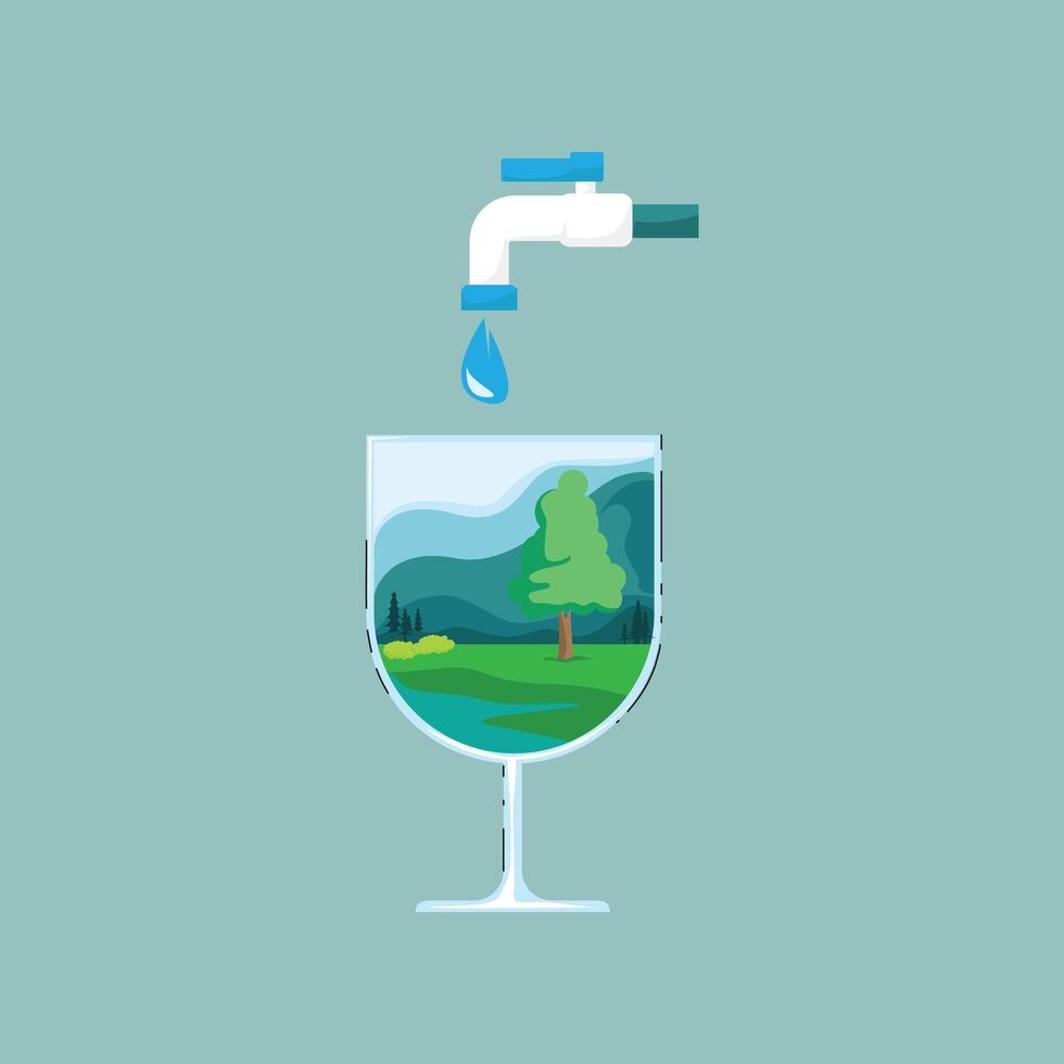 This unique illustration features a water tap pouring crystal-clear water into a drink glass, which magically reveals a picturesque landscape within. vector