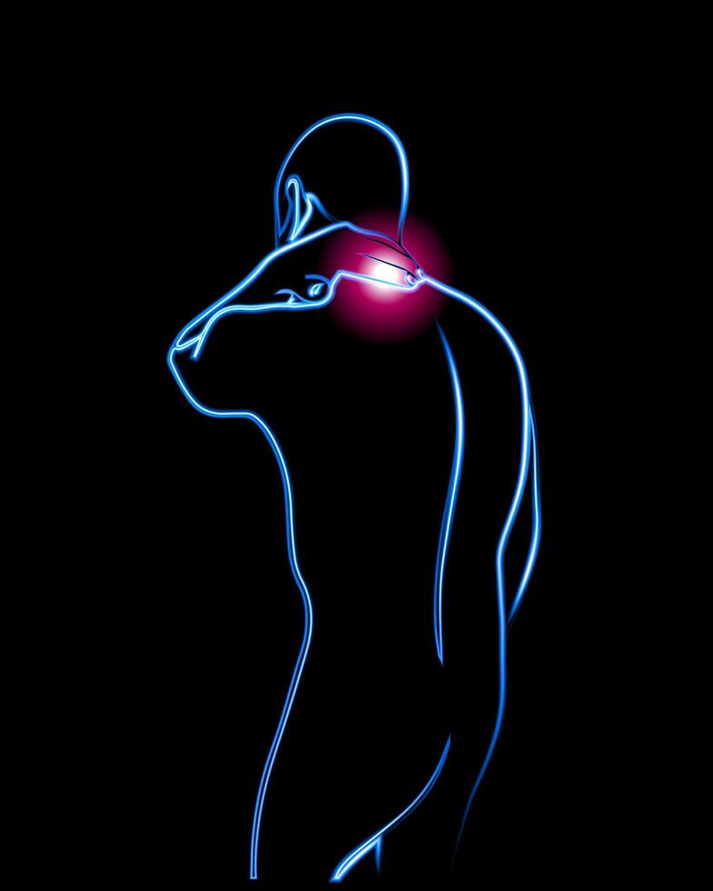 Illustration of man with neck pain. Neon outline drawing of a person neck discomfort. Harmful sitting. Osteochondrosis. Consequences of incorrect posture. vector