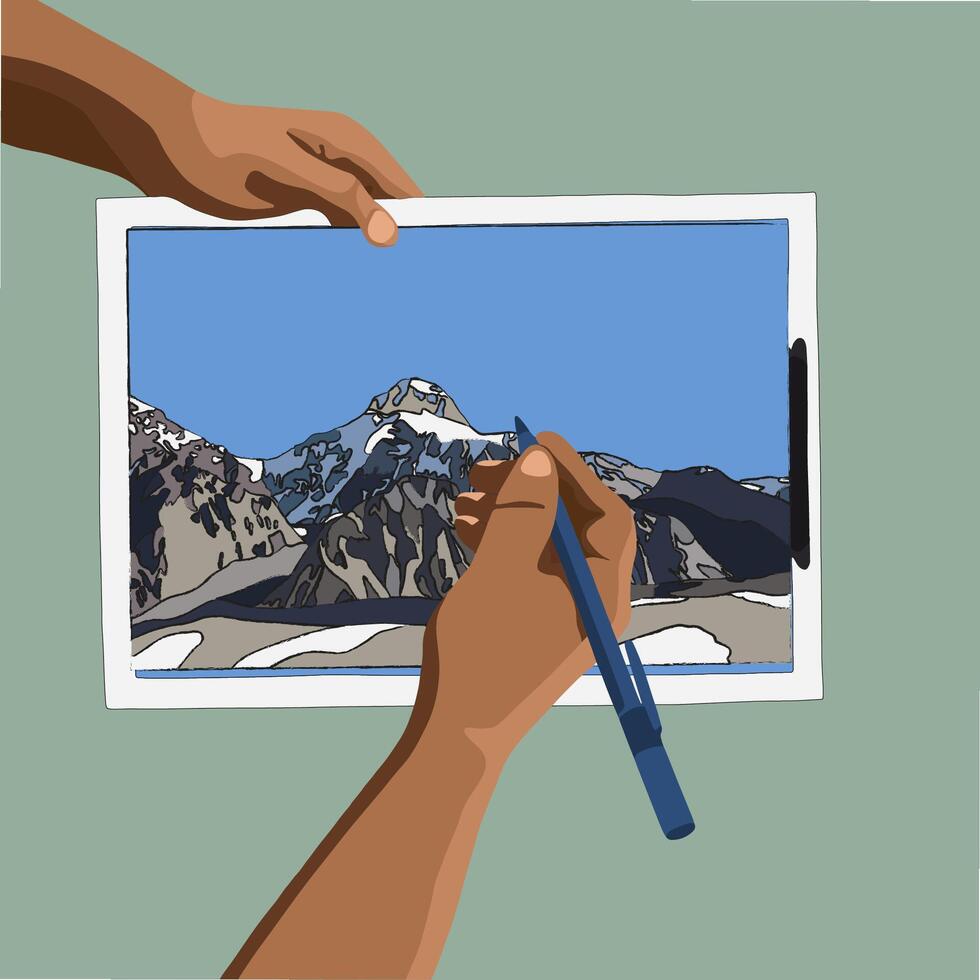 Illustration of drawing process. A man draws a mountain landscape. Studying at an art school. Illustrator's work. Drawing lessons. vector