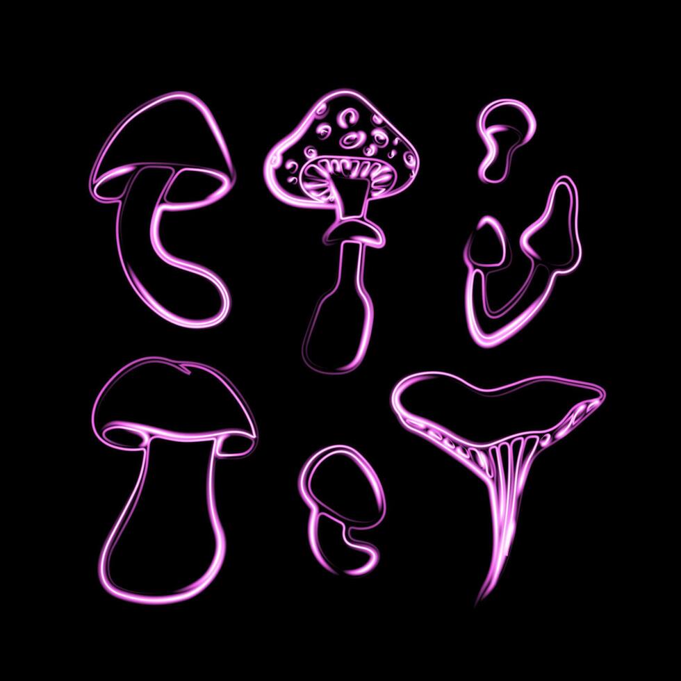 Set of various mushrooms with neon effect. vector