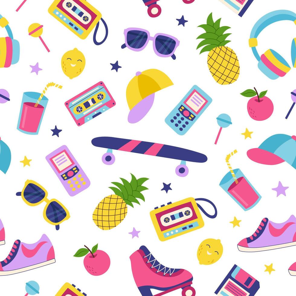 90s retro elements set seamless pattern on white surface. Concept of 90s. Stickers. Y2K, 2000s, 80s. Retro background. vector
