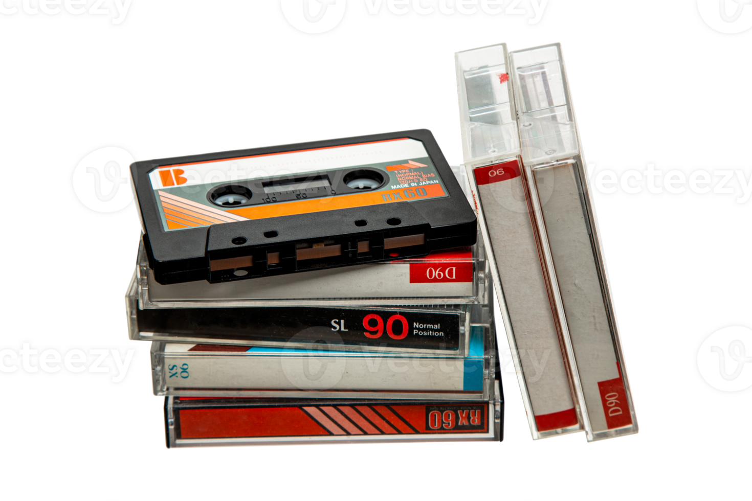 Close-up of many audio tapes. Analog storage medium. Cassettes for audio recordings and music. png