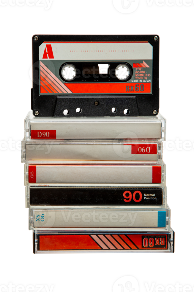 Close-up of many audio tapes. Analog storage medium. Cassettes for audio recordings and music. png