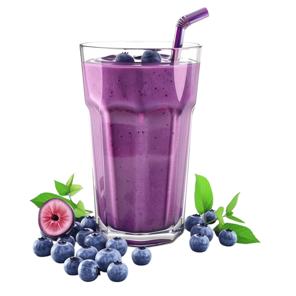 Blueberry smoothie with fresh blueberries and a straw on a transparent background png