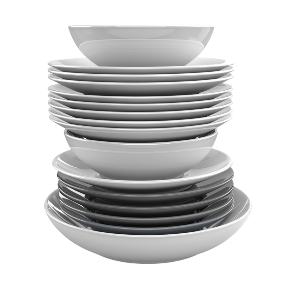 A stack of white plates and bowls on a transparent background png