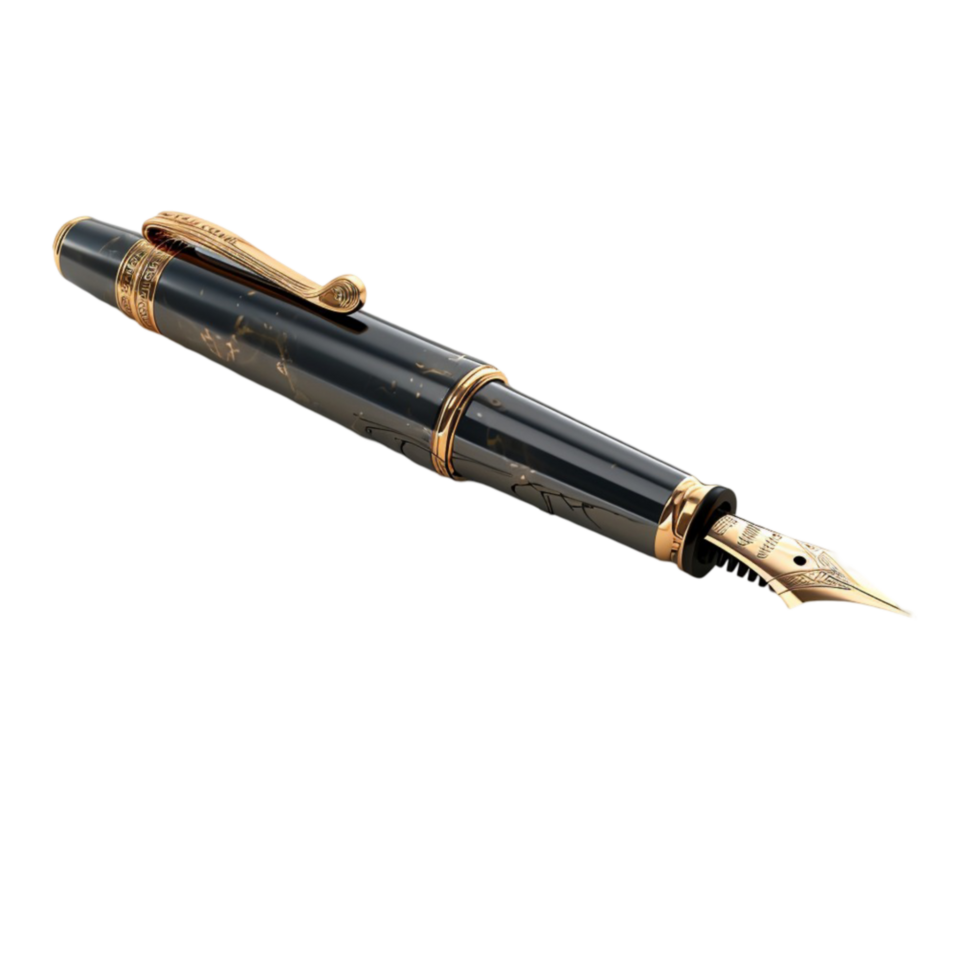 A fountain pen with a gold trim and black ink on a transparent background png