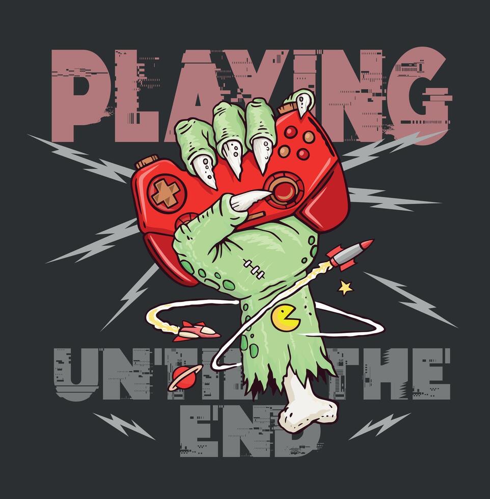 Illustration of a zombie hand holding a game controller. Cartoon style art. vector