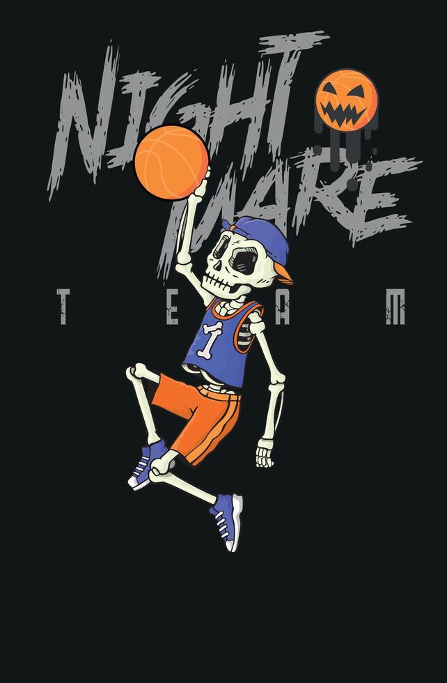 Illustration, in cartoon style, of a skull playing basketball. vector