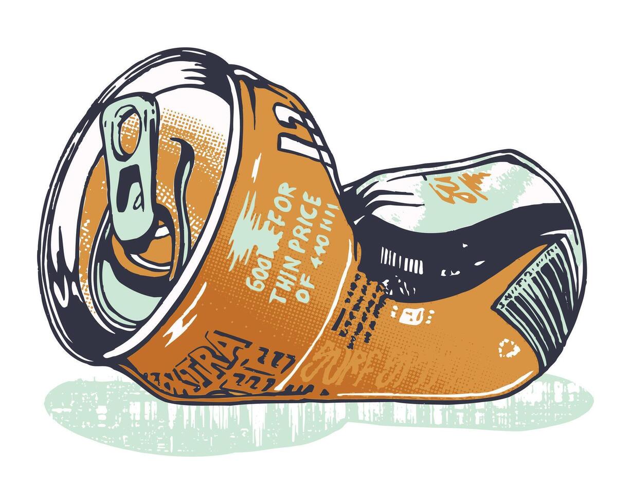 Handmade illustration of crushed drink can. vector