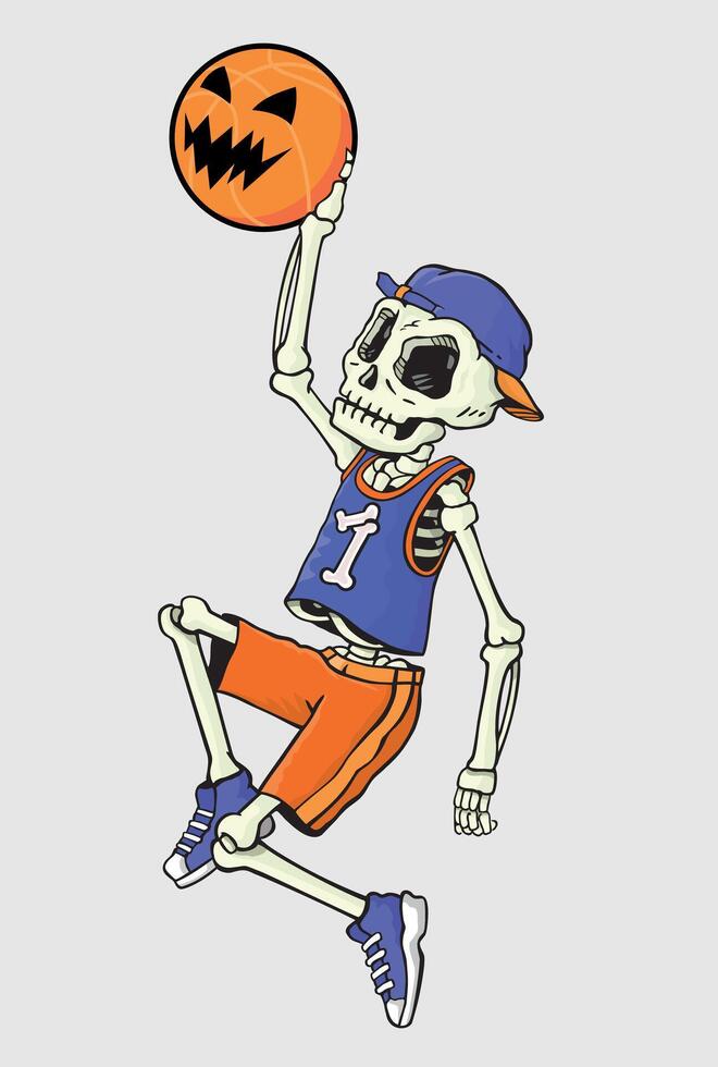 Illustration, in cartoon style, of a skull playing basketball. vector