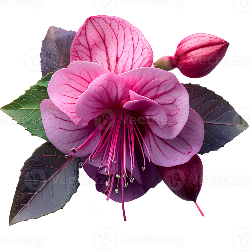 Fuchsia flower. Luscious purple fuchsia flower top view. Summertime plant fuchsia flat lay. Purple flower isolated png