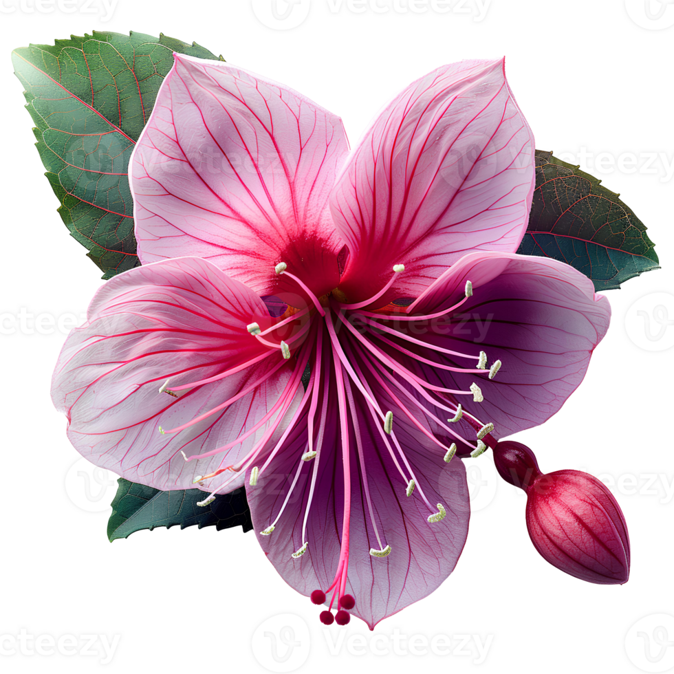 Fuchsia flower. Luscious purple fuchsia flower top view. Summertime plant fuchsia flat lay. Purple flower isolated png