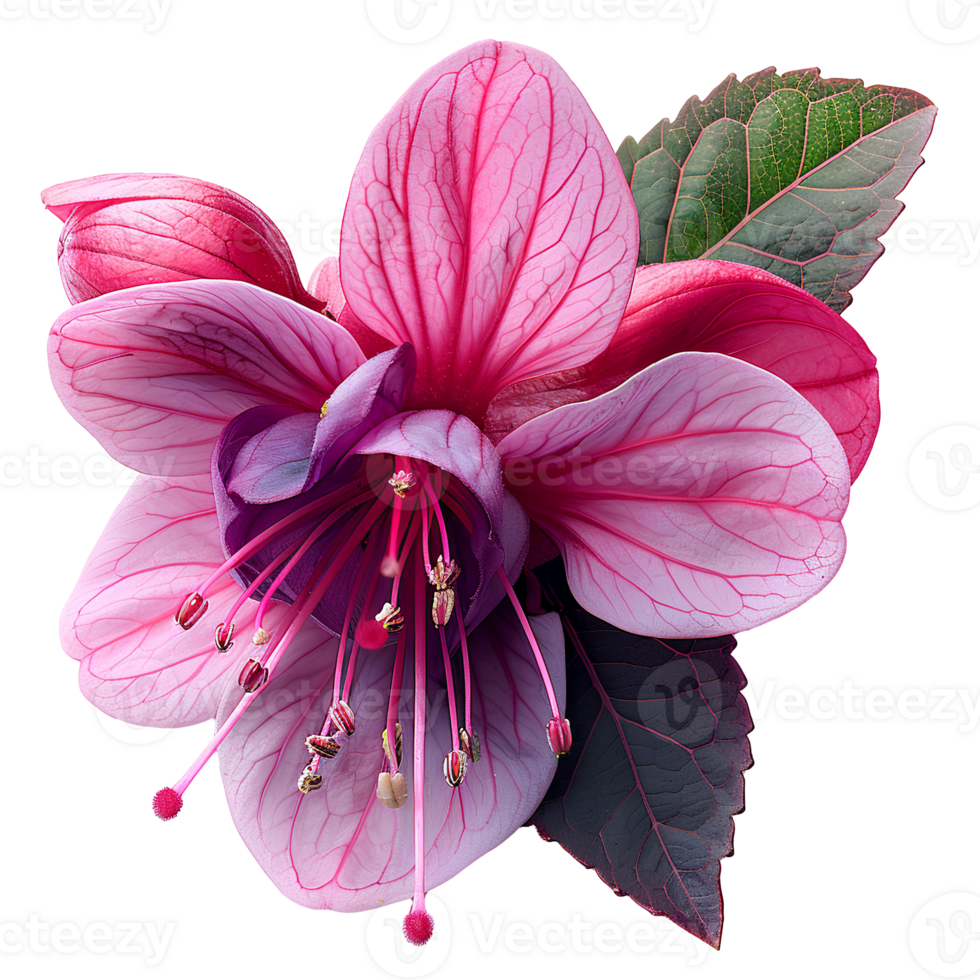Fuchsia flower. Luscious purple fuchsia flower top view. Summertime plant fuchsia flat lay. Purple flower isolated png