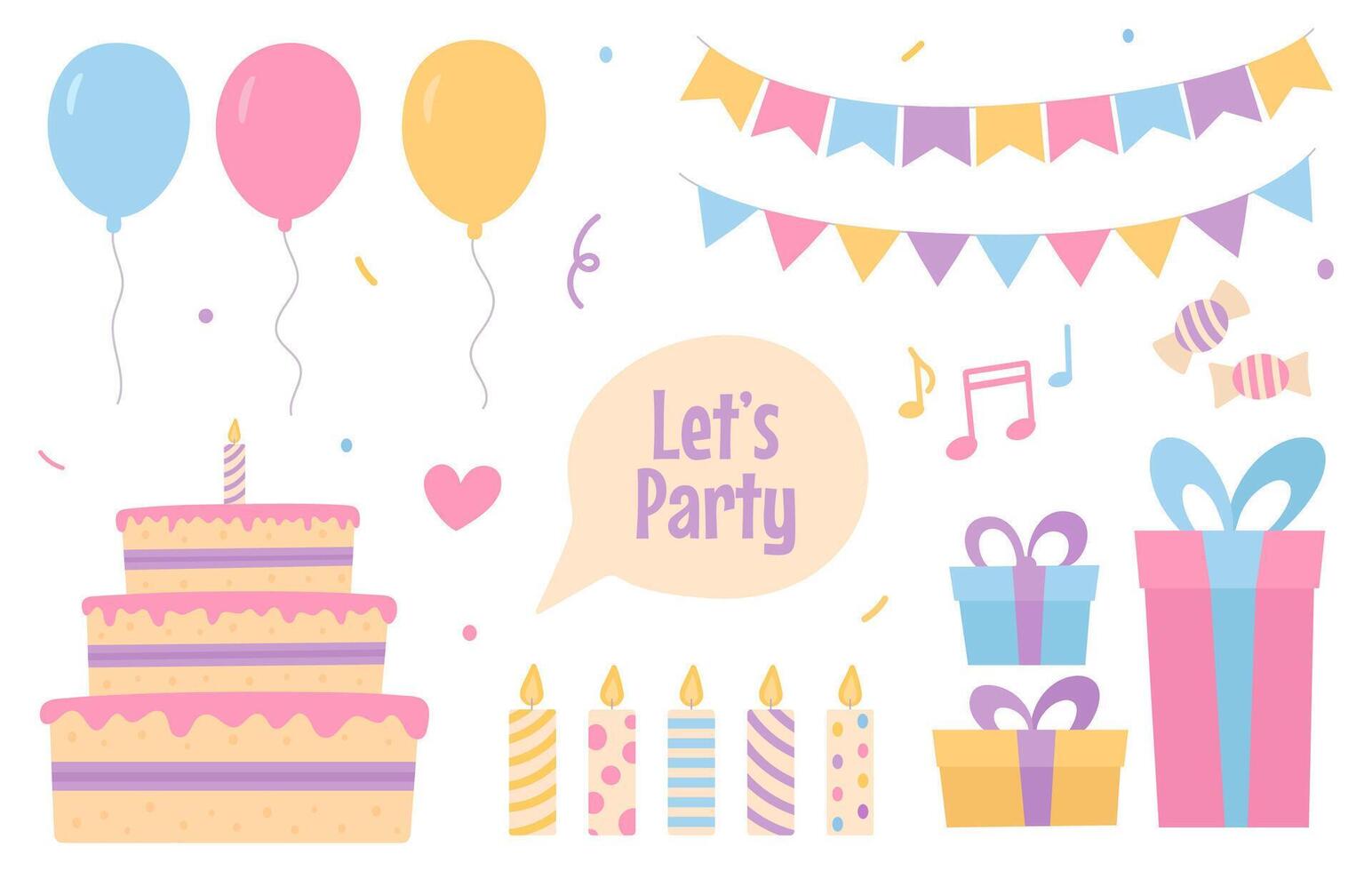 happy birthday design elements, birthday party set of objects, celebration, anniversary, colorful decoration, balloons, garland, cake, candles, gift box, candy, heart, confetti vector