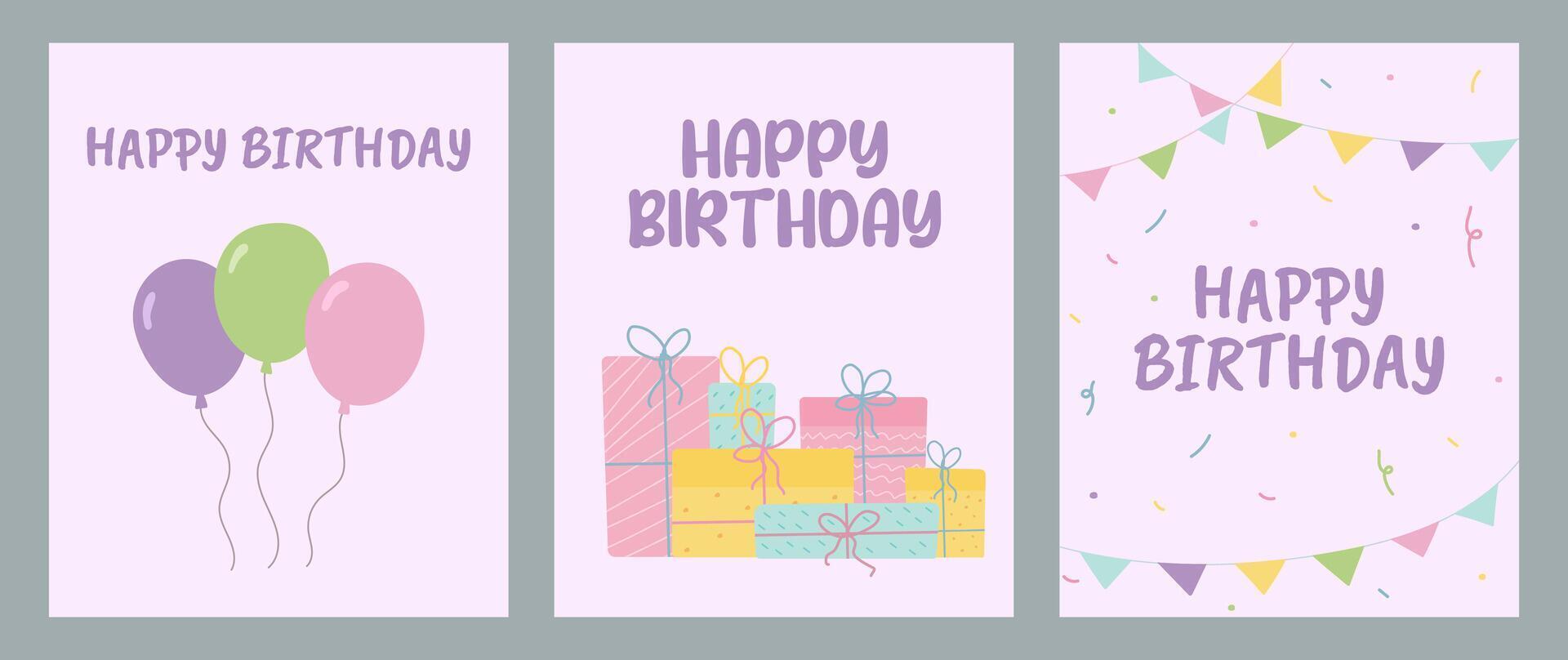 happy birthday greeting card set, celebration templates, postcards, party invitation, balloons, present with ribbon, gift, confetti vector