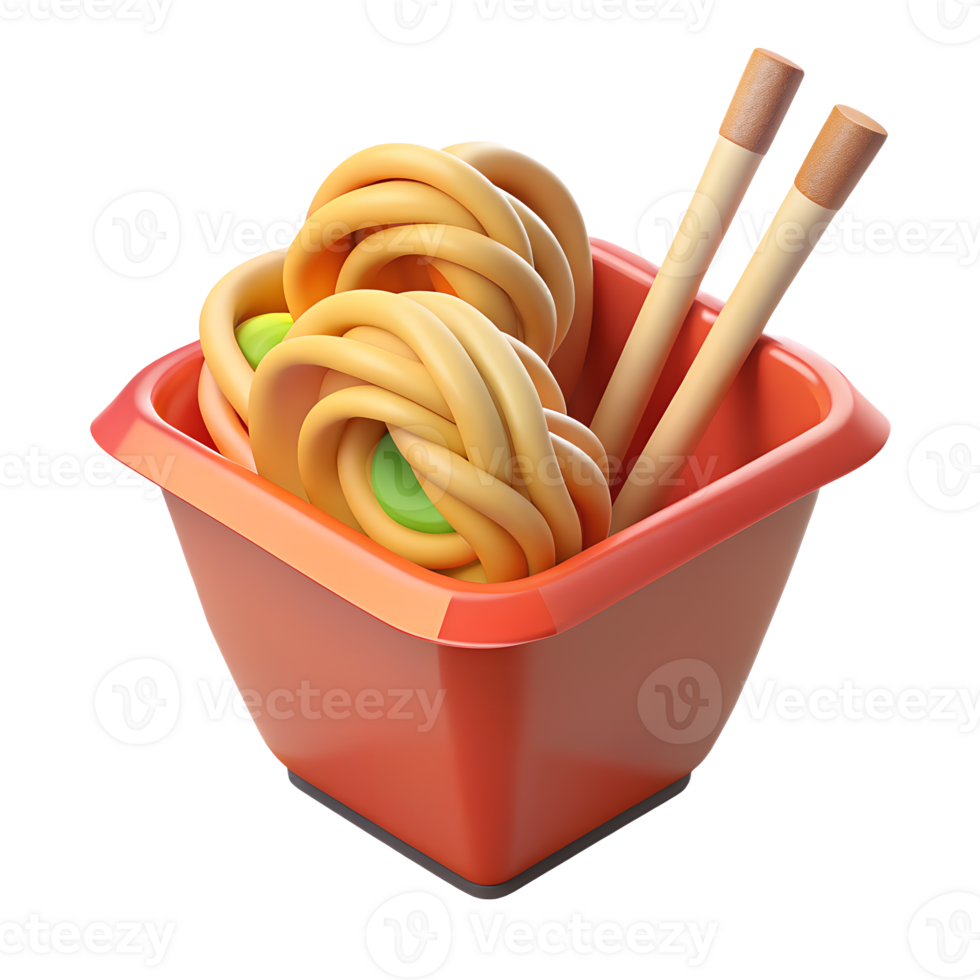 Red package of Asian noodles with green beans and chopsticks. isolated 3D icon on transparent background png