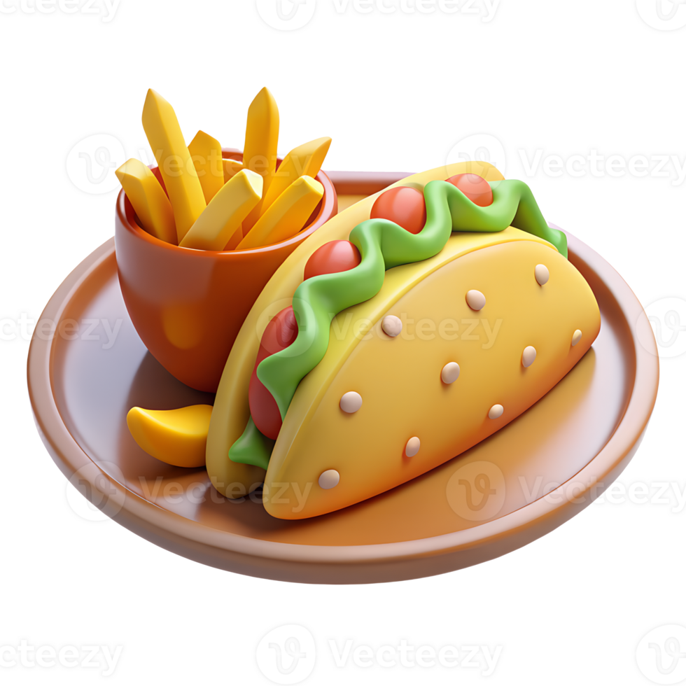 Tacos and fries on a plate. 3D fast food icon png